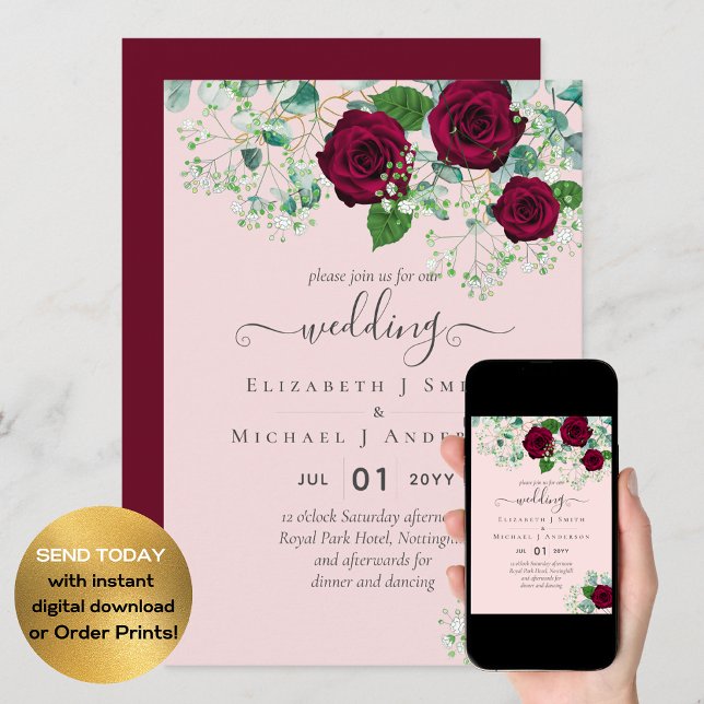 BUDGET  Burgundy Rose Eucalyptus Wedding Invitation (Creator Uploaded)