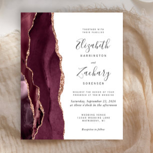 Budget Burgundy Rose Gold Agate Wedding Invitation