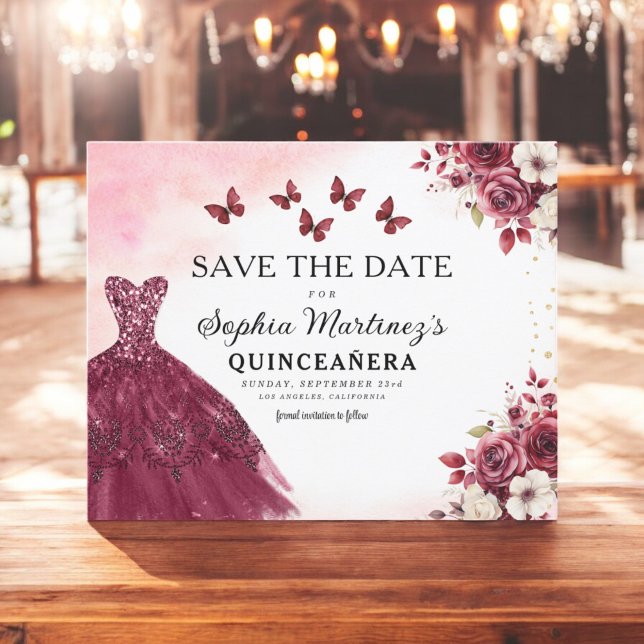 Budget Burgundy Save the Date Birthday Quinceanera (Creator Uploaded)