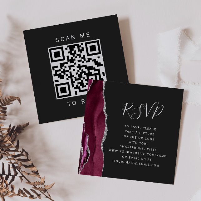 Budget Burgundy Silver Agate Dark QR Code RSVP Enclosure Card (Creator Uploaded)