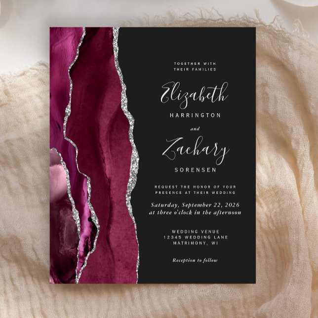 Budget Burgundy Silver Agate Dark Wedding Invite (Creator Uploaded)