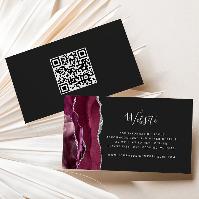 Budget Burgundy Silver Agate Dark Wedding QR Code Enclosure Card (Creator Uploaded)