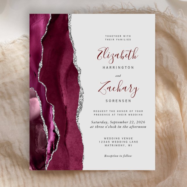 Budget Burgundy Silver Agate Grey Wedding Invite (Creator Uploaded)