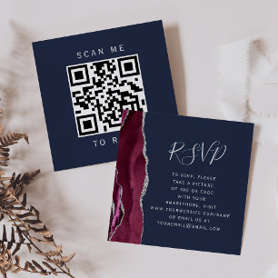 Budget Burgundy Silver Agate Navy QR Code RSVP Enclosure Card