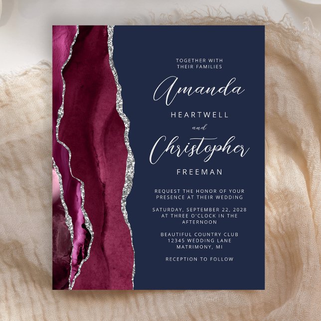 Budget Burgundy Silver Agate Navy Wedding Invite (Creator Uploaded)