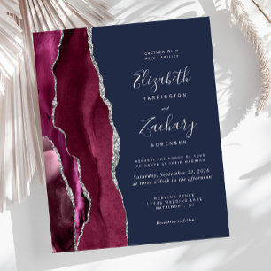 Budget Burgundy Silver Agate Navy Wedding Invite
