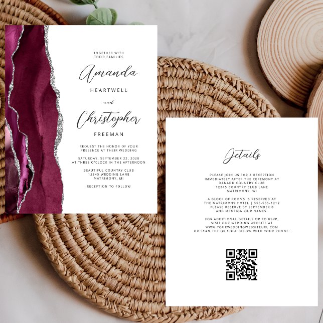 Budget Burgundy Silver Agate QR Code Wedding (Creator Uploaded)