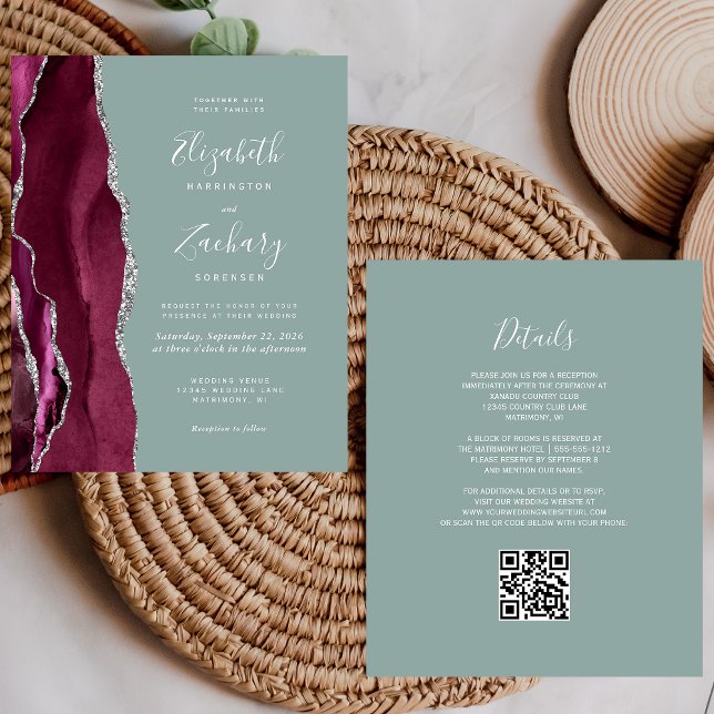 Budget Burgundy Silver Agate Sage QR Code Wedding (Creator Uploaded)