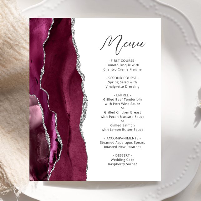Budget Burgundy Silver Agate Script Wedding Menu (Creator Uploaded)