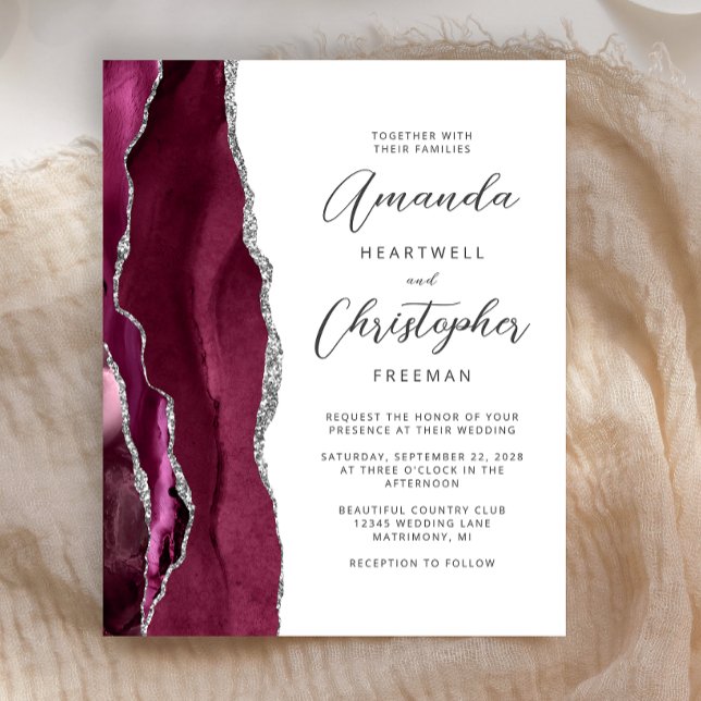 Budget Burgundy Silver Agate Wedding Invitation (Creator Uploaded)