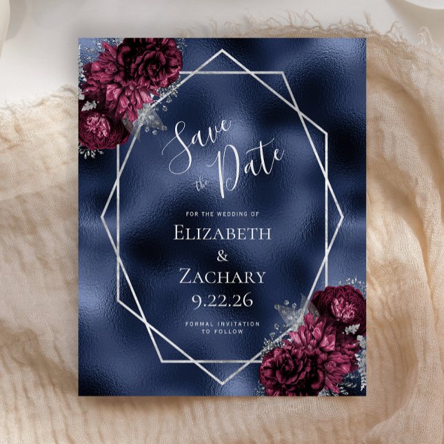 Budget Burgundy Silver Floral Navy Save the Date (Creator Uploaded)