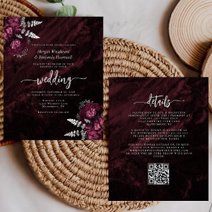 Budget Burgundy Silver Floral QR Code Wedding