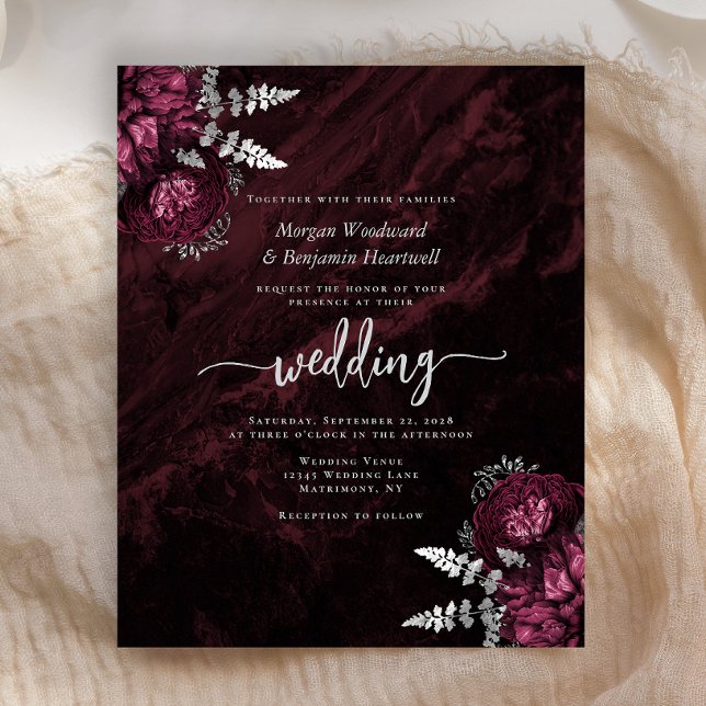 Budget Burgundy Silver Floral Wedding Invitation (Creator Uploaded)