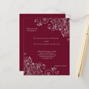 Budget Burgundy Silver Swirls Wedding Invitation