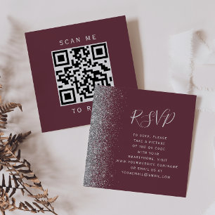 Budget Burgundy Silver Wedding QR Code RSVP Card