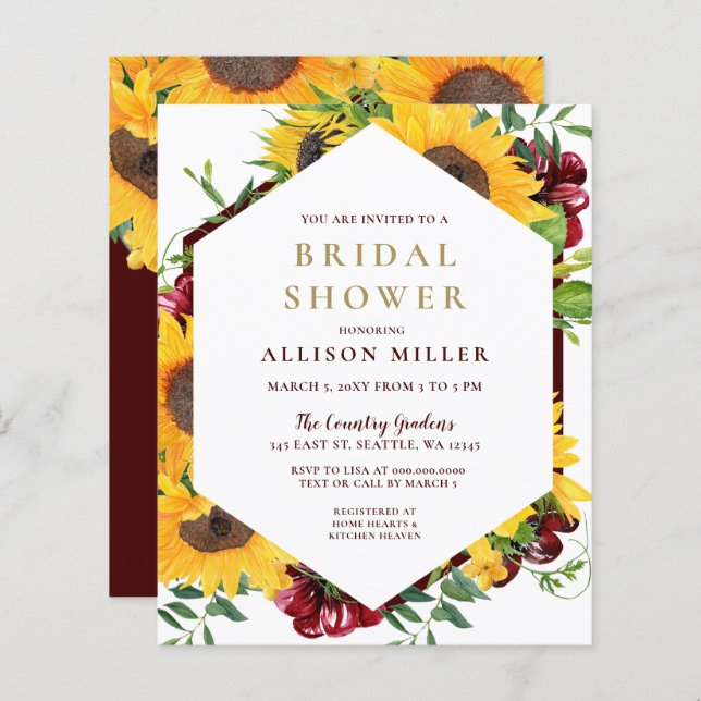 Budget Burgundy Sunflower Bridal Shower Invitation (Front/Back)