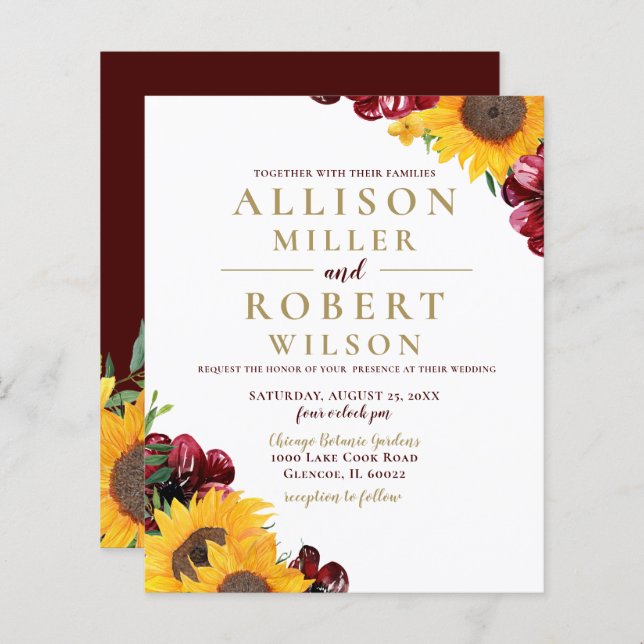 Budget Burgundy Sunflower Wedding Invitation (Front/Back)
