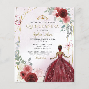 Budget Burgundy Tan Princess Quinceañera Invite