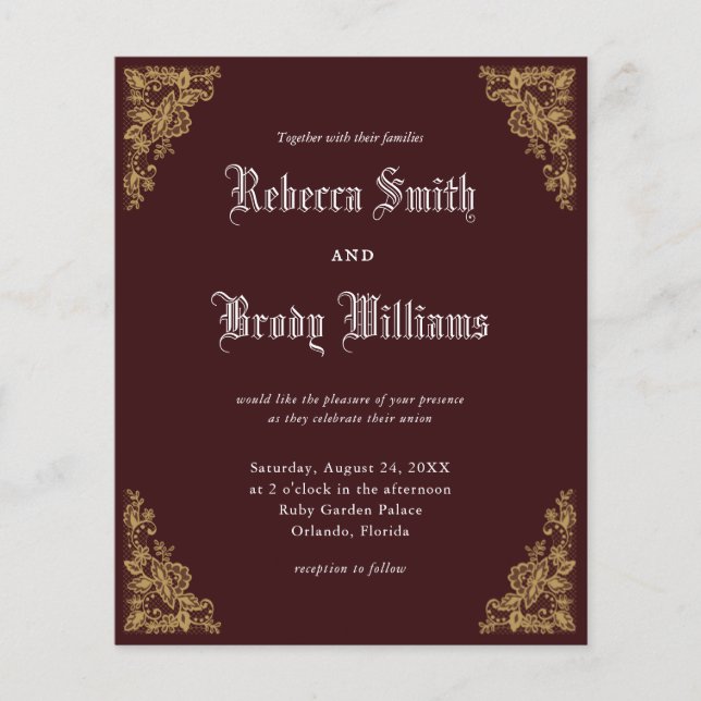 Budget Burgundy Vintage Lace Wedding Invitation (Front)
