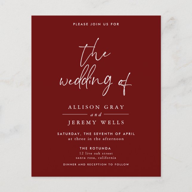 Budget Burgundy Wedding Invitation  Flyer (Front)