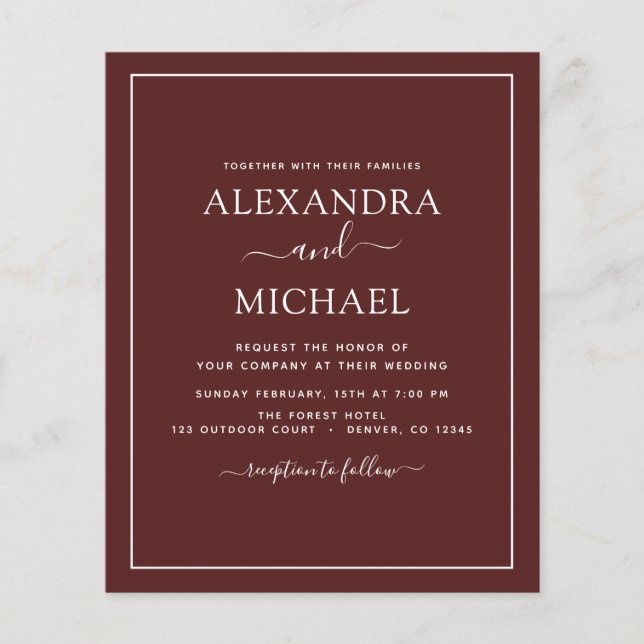 Budget Burgundy Wedding Modern Typography Flyer (Front)