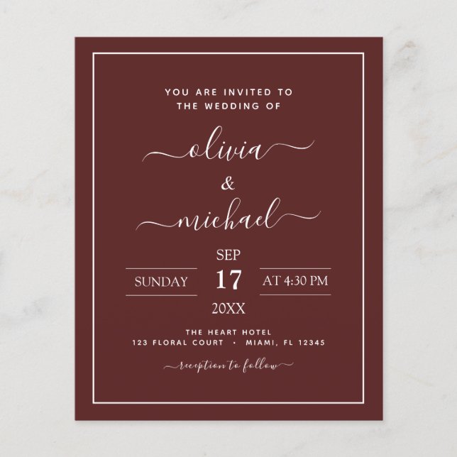 Budget Burgundy Wedding Modern Typography Flyer (Front)