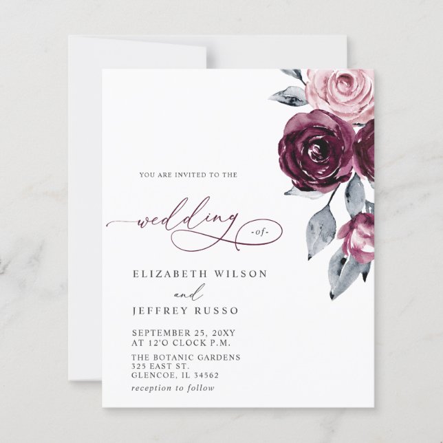 Budget Burgundy White Floral Wedding Invitations (Front)