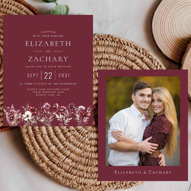 Budget Burgundy Wildflowers Photo Wedding Invite (Creator Uploaded)