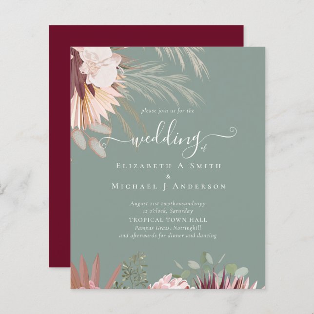 BUDGET Burgundy Wine Pampas Grass Tropical Wedding (Front/Back)