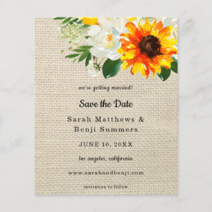Budget Burlap Sunflower & Whi Floral Save the Date Flyer