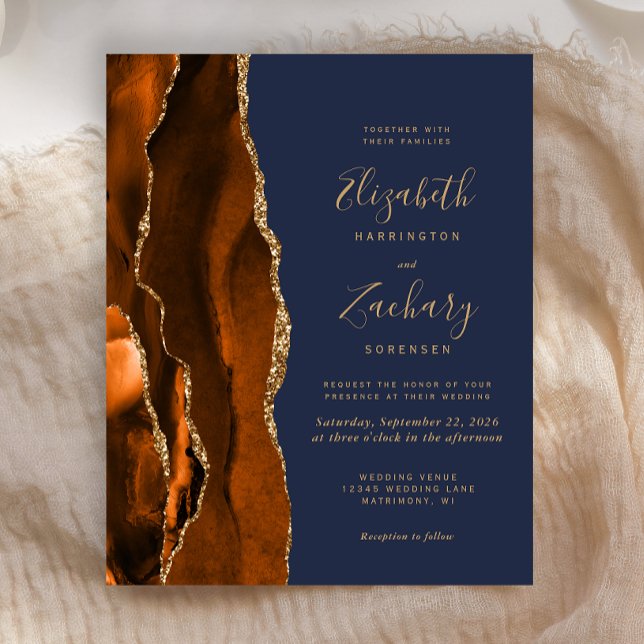 Budget Burnt Orange Agate Blue Wedding Invitation (Creator Uploaded)