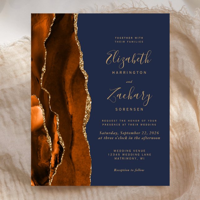 Budget Burnt Orange Agate Blue Wedding Invitation (Creator Uploaded)