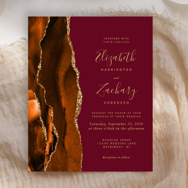 Budget Burnt Orange Agate Burgundy Wedding Invite (Creator Uploaded)