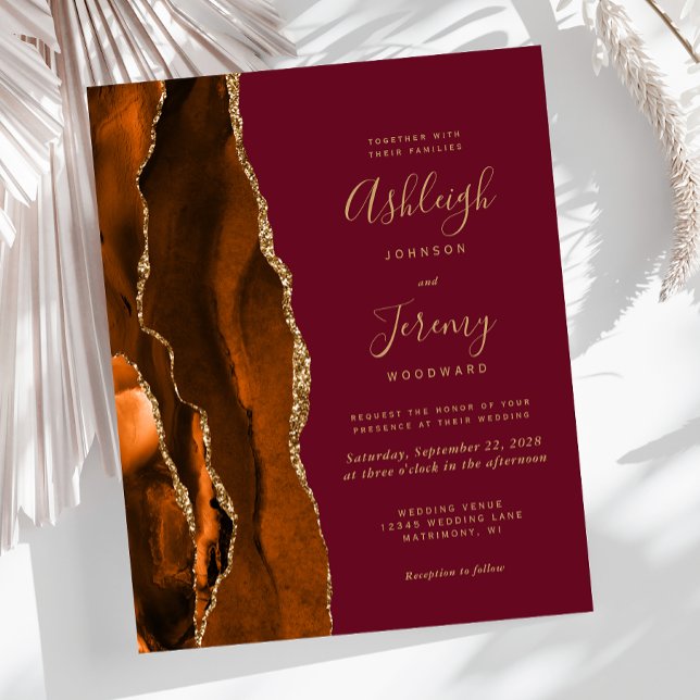 Budget Burnt Orange Agate Burgundy Wedding Invite (Creator Uploaded)
