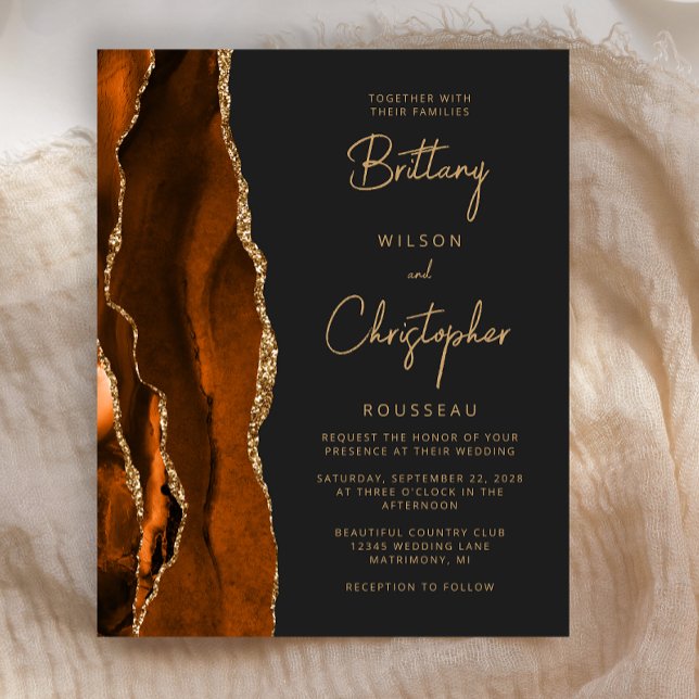 Budget Burnt Orange Agate Dark Wedding Invite (Creator Uploaded)