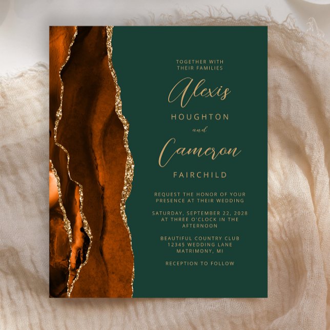 Budget Burnt Orange Agate Green Wedding Invitation (Creator Uploaded)