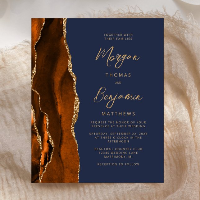 Budget Burnt Orange Agate Navy Blue Wedding Invite (Creator Uploaded)