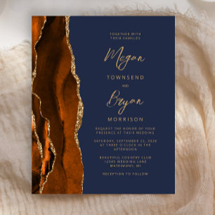Budget Burnt Orange Agate Navy Blue Wedding Invite