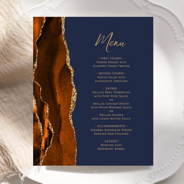 Budget Burnt Orange Agate Navy Blue Wedding Menu (Creator Uploaded)