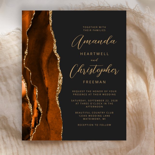 Budget Burnt Orange Agate Slate Wedding Invitation (Creator Uploaded)