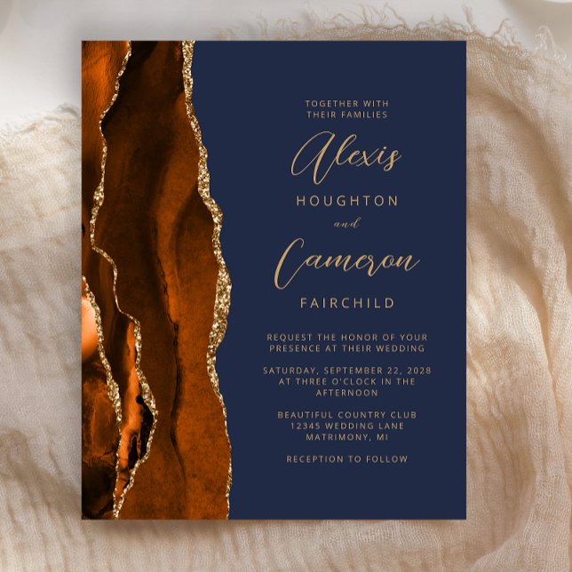 Budget Burnt Orange Dark Blue Agate Wedding Invite (Creator Uploaded)