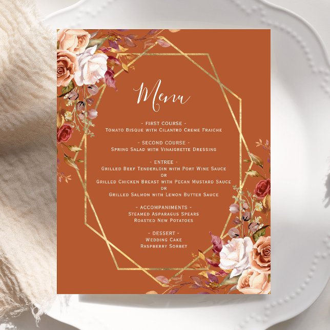 Budget Burnt Orange Fall Floral Wedding Menu (Creator Uploaded)