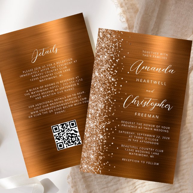 Budget Burnt Orange Glam QR Code Wedding Invite (Creator Uploaded)