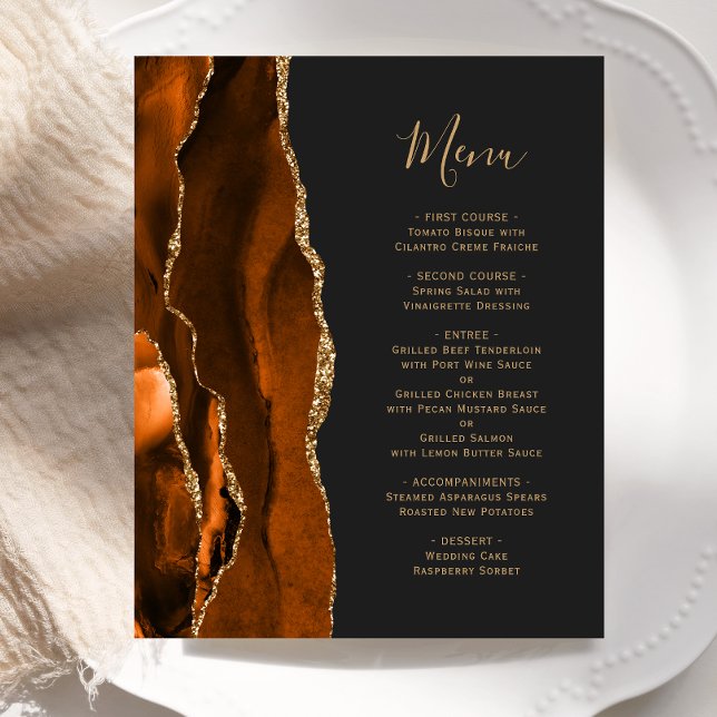 Budget Burnt Orange Gold Agate Dark Wedding Menu (Creator Uploaded)