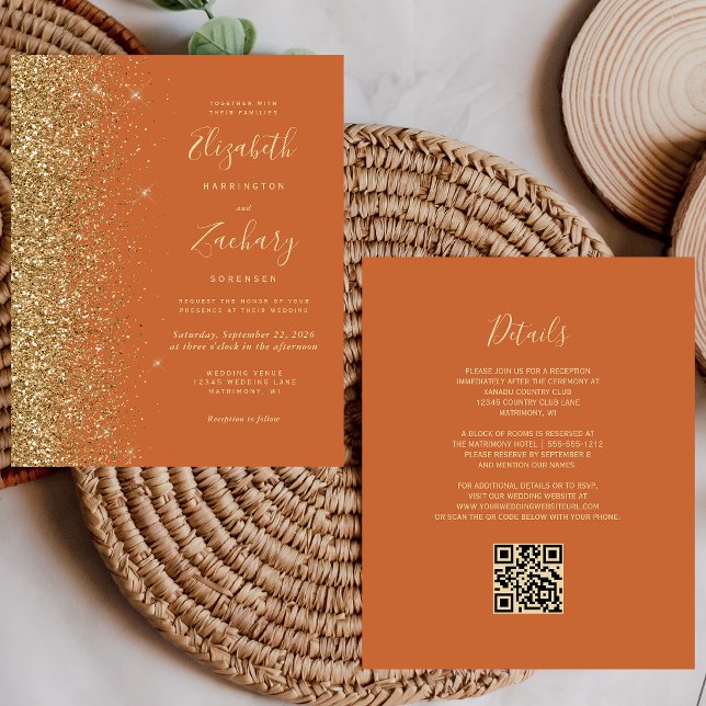 Budget Burnt Orange Gold Glitter QR Code Wedding (Creator Uploaded)