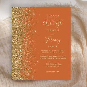 Budget Burnt Orange Gold Glitter Wedding Invite
