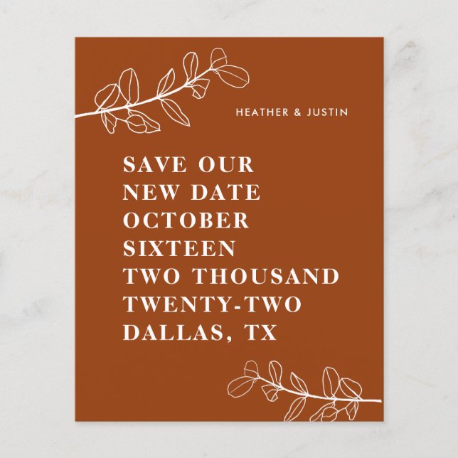 Budget Burnt Orange Terracotta Save The Date (Front)
