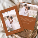 Budget Burnt Orange Wedding Photo Thank You Cards<br><div class="desc">Budget Burnt Orange Wedding Thank You Cards that have a photo on the front and back. The Thank you cards contain a modern hand lettered cursive script typography that are elegant,  simple and modern to use after you minimalist simple wedding day celebration.</div>
