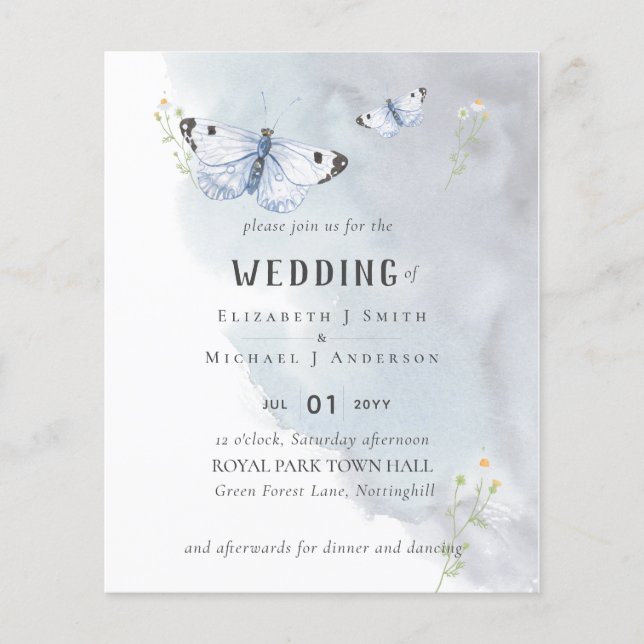 BUDGET Butterflies Dusty Blue Wedding Flyer (Front)