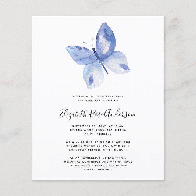 BUDGET Butterfly Celebration of Life Invitation (Front)